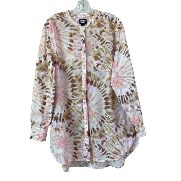 Lands End Cotton A-Line Long Sleeve Button Up Tunic Top Pockets Sz XL 18 Tie Dye - Picture 2 of 10